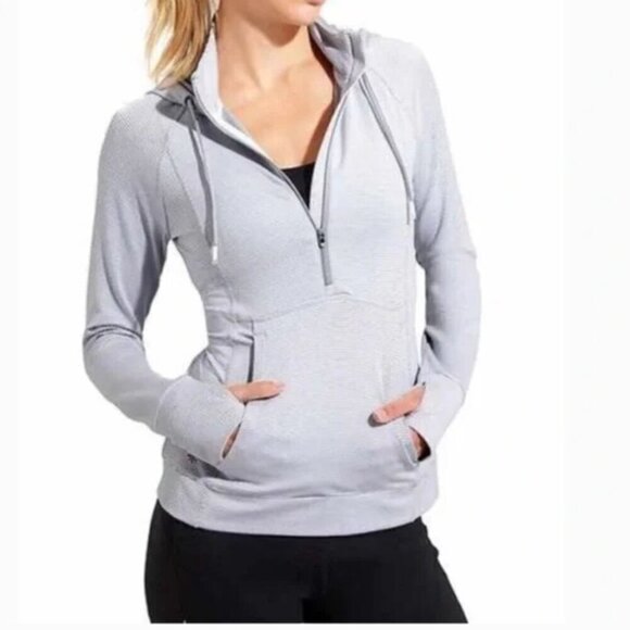 Athleta Heavenly Hail gray white Striped Half Zip active pullover Hoodie Small - Picture 1 of 11